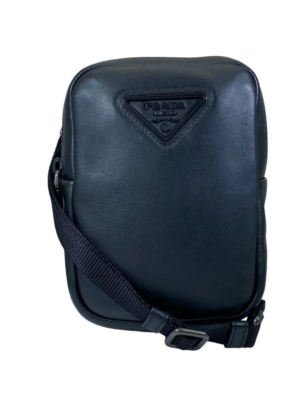 Prada Triangle Logo Mini Shoulder Bag Pouch Leather Black Practical